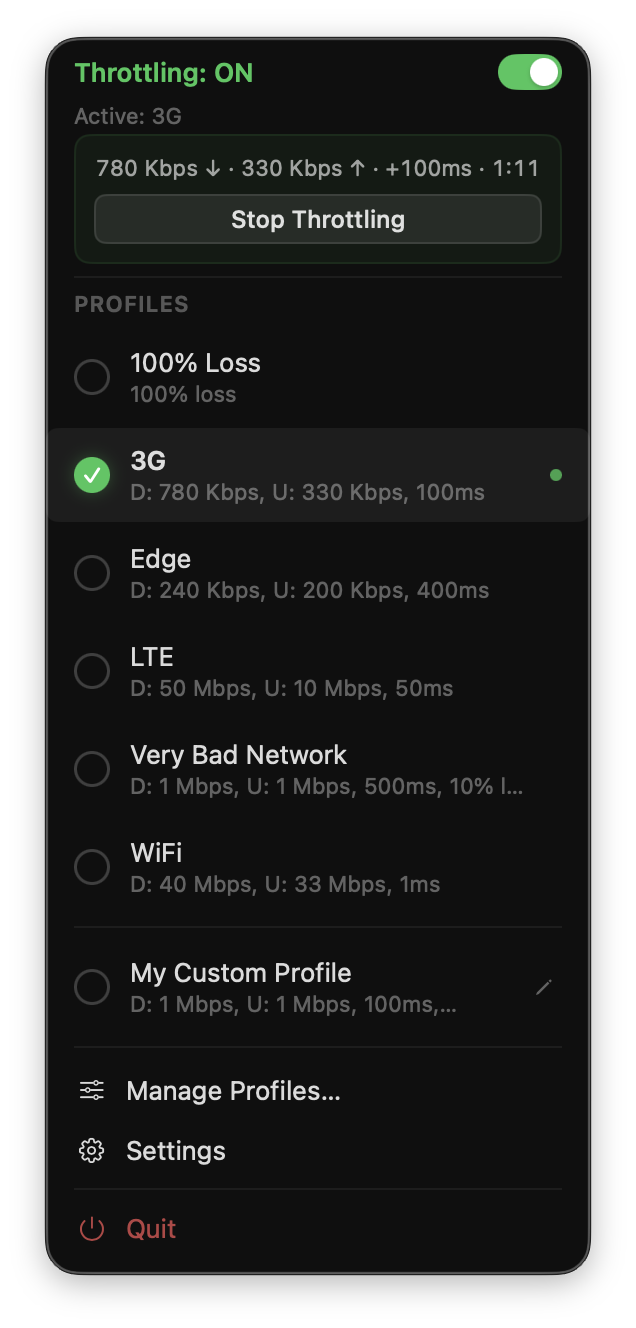 NetworkThrottler app screenshot